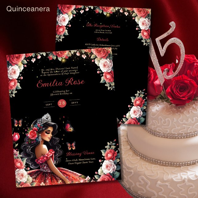 25 Budget Red Black Quinceanera Dress Floral Paper (Creator Uploaded)
