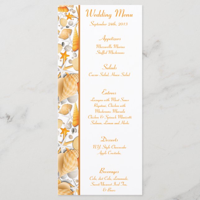 25 Cartes de menu Coquillages Assortis Orange (Devant)