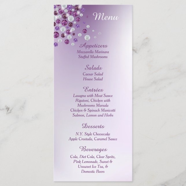 25 Cartes de menu de la réception en diamant blanc (Devant)