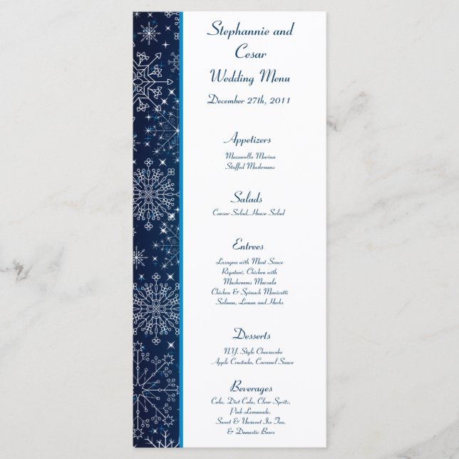 25 Cartes de menu Étoiles bleues et flocons de nei (Devant)