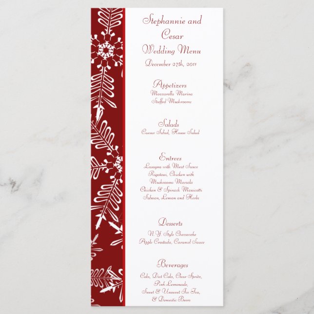 25 Cartes de menu Flammes de neige rouges de Noël (Devant)