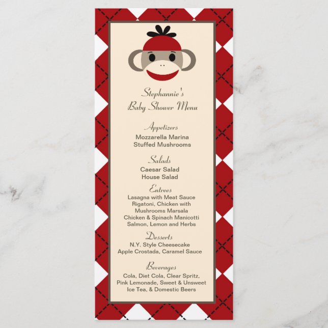 25 Cartes de menu Jacquard de singe rouge Sock (Devant)