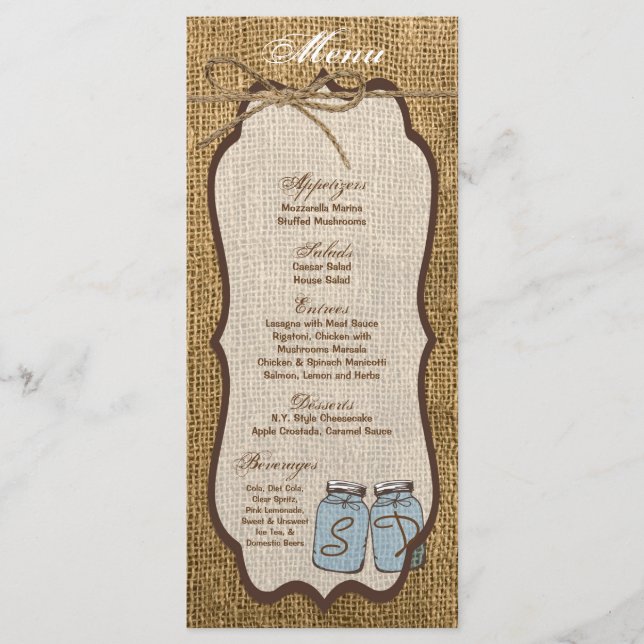 25 Cartes de menu Mason Jar Burlap Pays Pot rustiq (Devant)