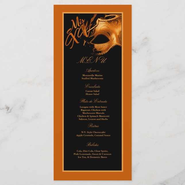 25 Cartes de menu Mis XV Orange Black Party (Devant)