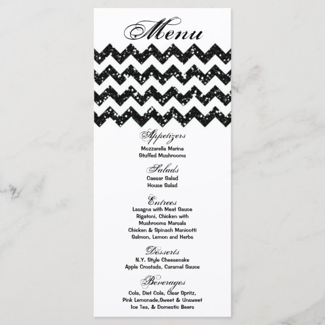 25 Cartes de menu Parties scintillant noire Chevro (Devant)