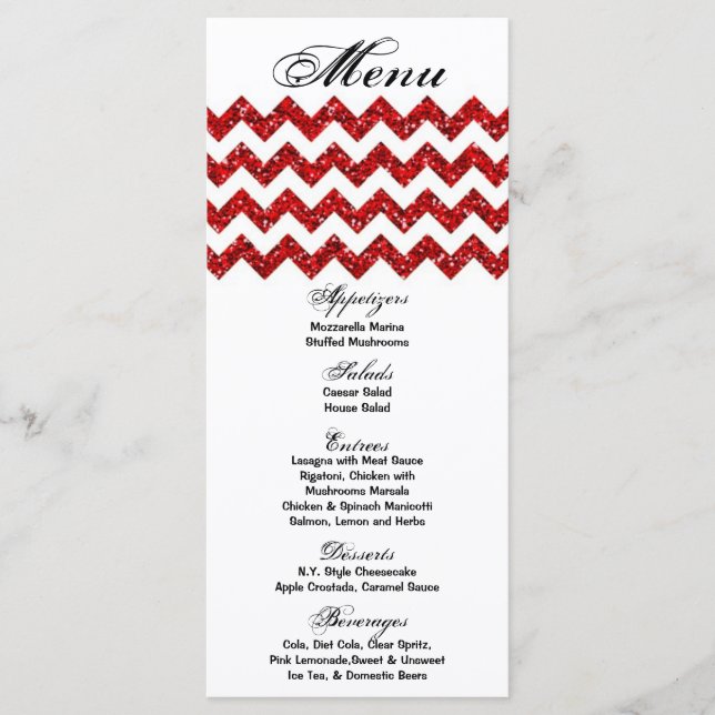 25 Cartes de menu Parties scintillant rouge Chevro (Devant)