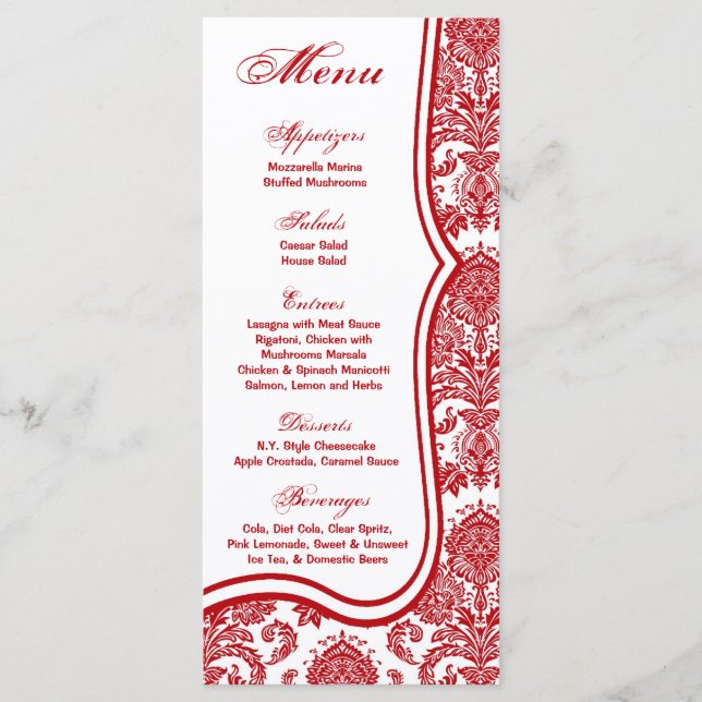 25 Cartes de menu Rouge Crimson Blanc Damask Lace  (Devant)