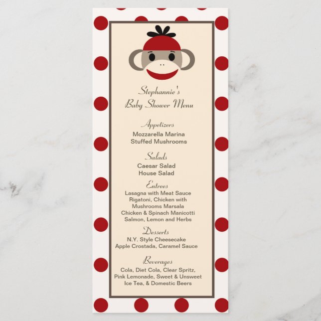 25 Cartes de menu Rouge Sock Monkey (Devant)