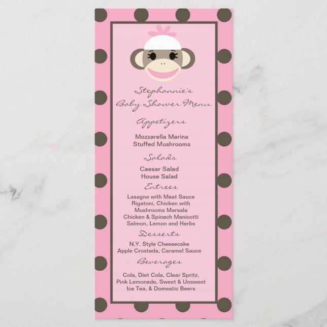 25 Cartes de menu Singe De Choc Rose (Devant)