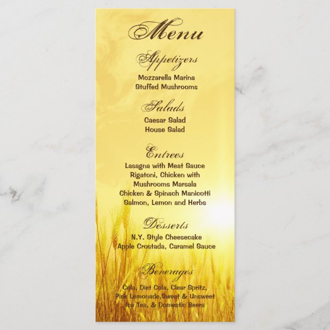 25 Cartes de menu Sunrise Blé Pays Poil Rustique (Devant)
