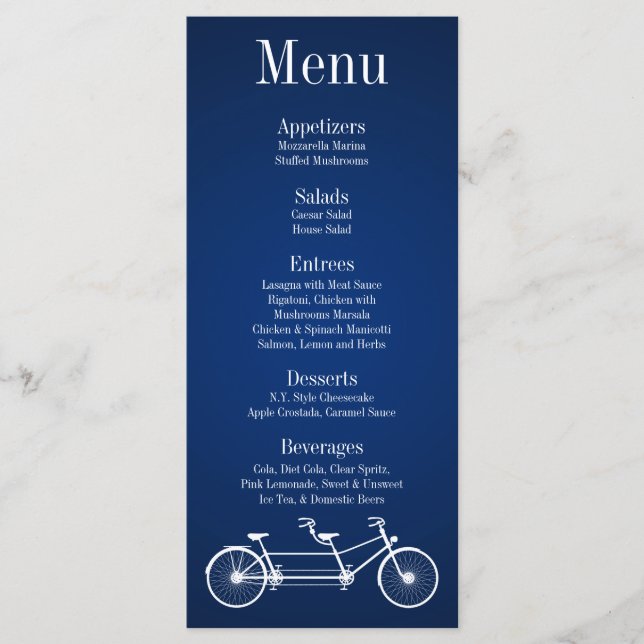 25 Cartes de menu Whimsical Navy Bleu Double Vélo (Devant)