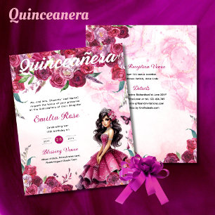 25 Magenta Pink Quinceanera Dress Floral Paper