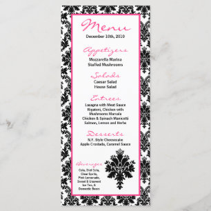 25 Menu Cards Black Hot Pink Damask Lace Print