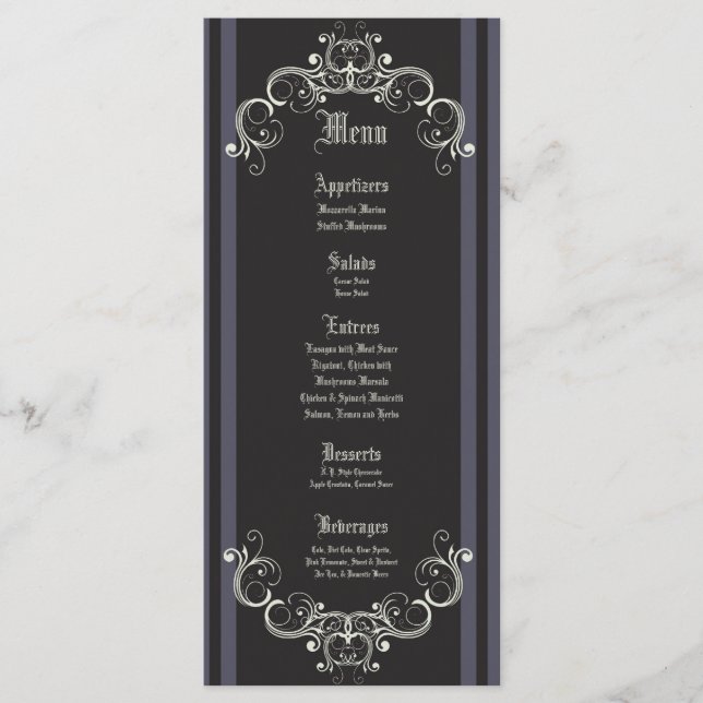 25 Menu Cards Black Tie Affair Filigree Scroll (Front)