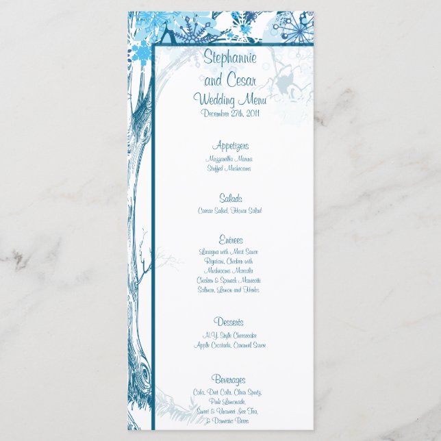25 Menu Cards Blue Tree / Snowflakes (Front)