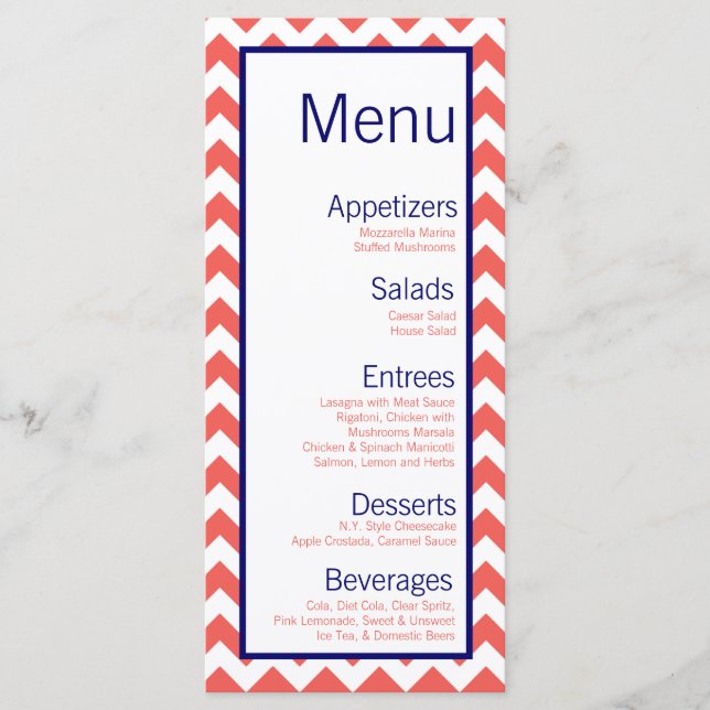 25 Menu Cards Coral Navy Blue Chevron Name Focus (Front)