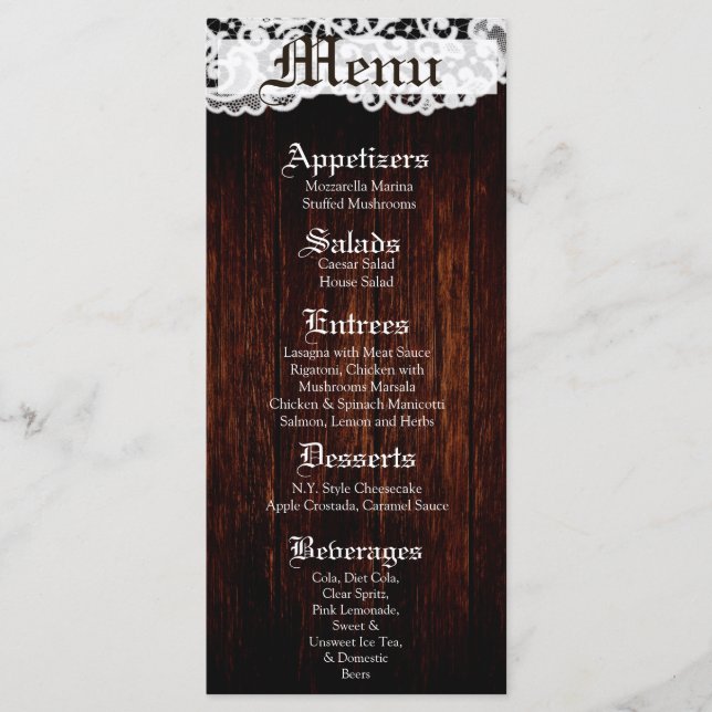 25 Menu Cards Country Dark Barn Wood Lace (Front)