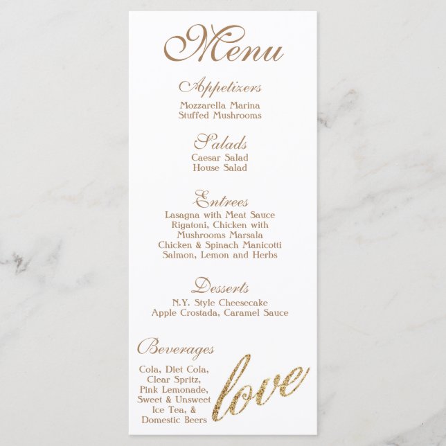 25 Menu Cards Gold Foil Glitter Love (Front)