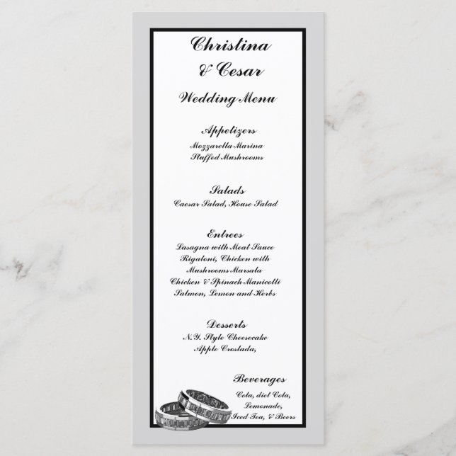 25 Menu Cards His/Hers Diamond Wedding Band Rings (Front)