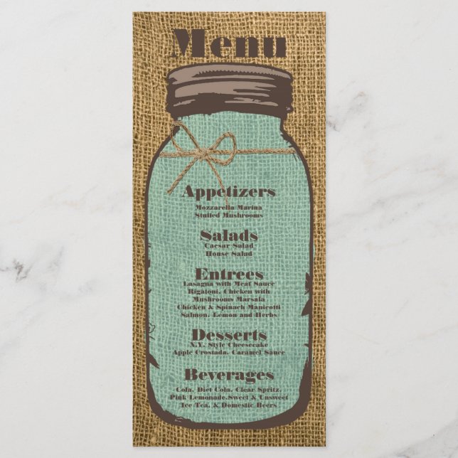 25 Menu Cards Mason Jar Burlap Country Rustic Pota (Front)