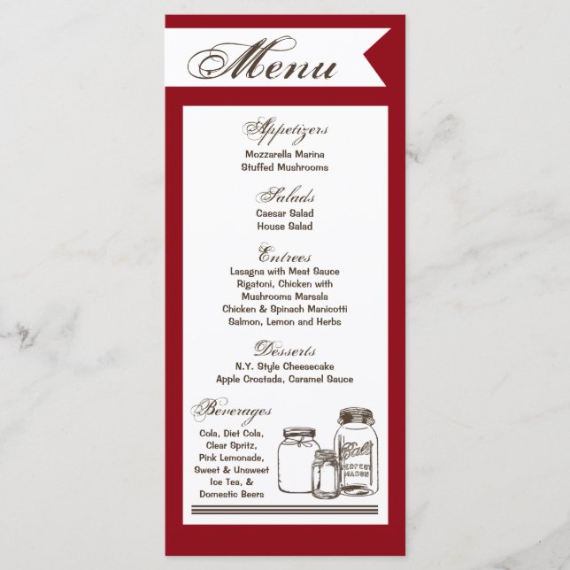 25 Menu Cards Mason Jar Country Rustic Vases Bottl (Front)