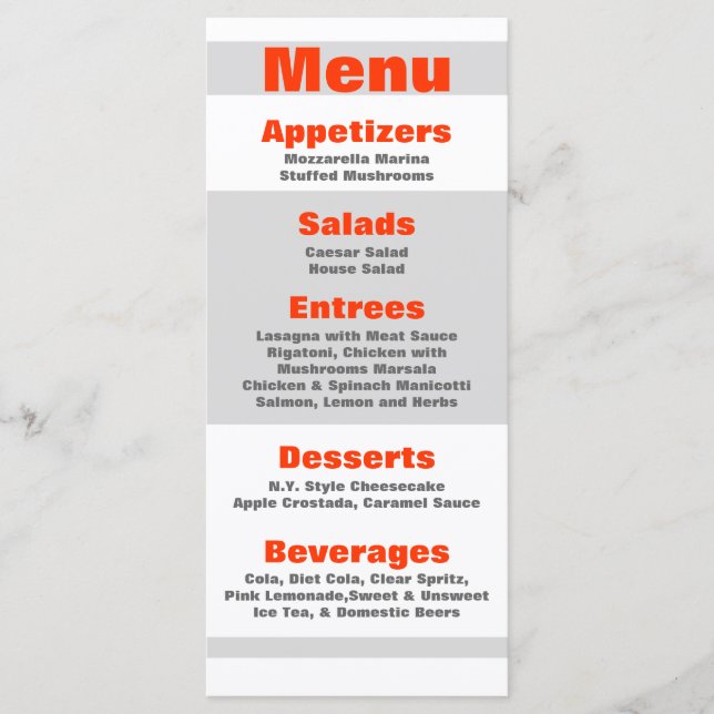 25 Menu Cards Modern Neon Stripe Orange 80s Retro (Front)