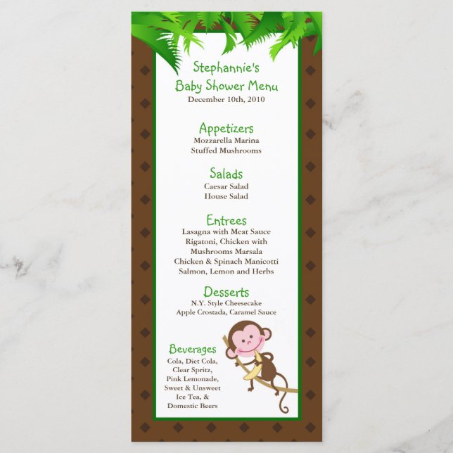 25 Menu Cards Monkey Swing Jungle Safari Zoo Anima (Front)
