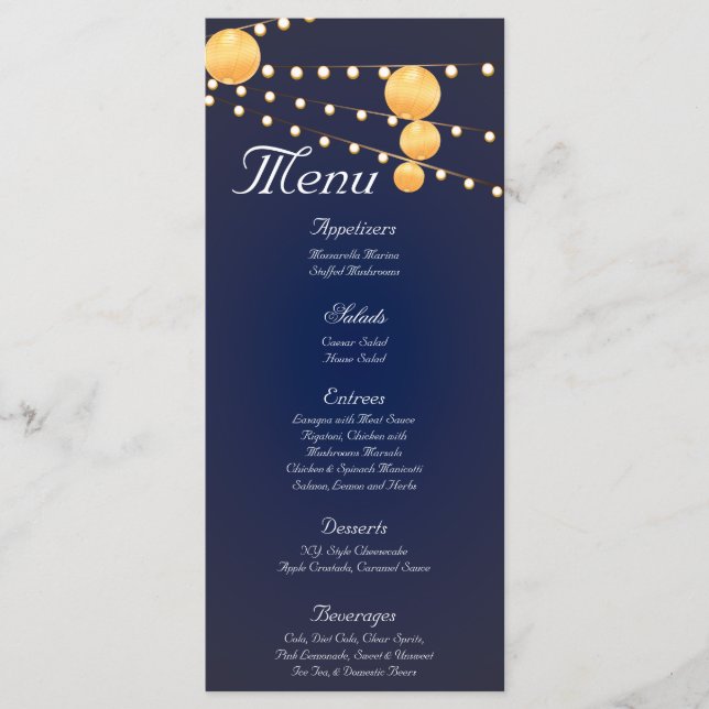 25 Menu Cards Paper Lanterns on Blue Chineese (Front)