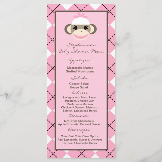 25 Menu Cards Pink Argyle Sock Monkey (Front)