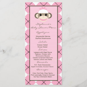 25 Menu Cards Pink Argyle Sock Monkey