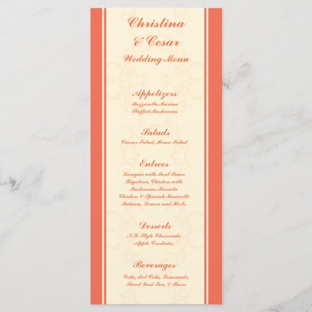 25 Menu Cards Pinkish/Peach Formal Scrolls Elegant (Front)
