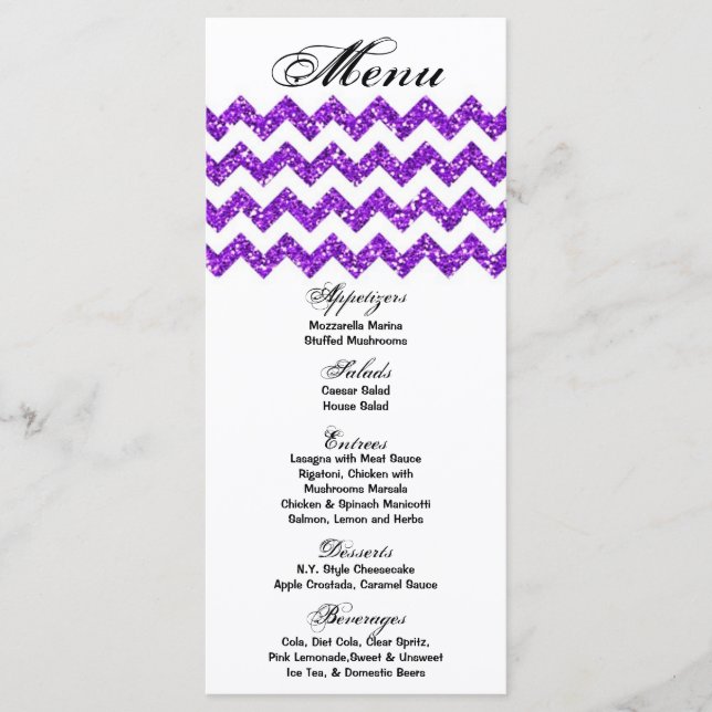 25 Menu Cards Purple Glitter Chevron Zig Zag Print (Front)