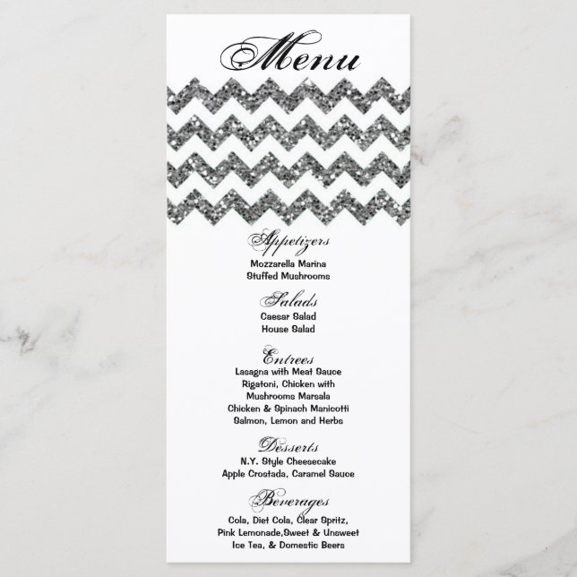 25 Menu Cards Silver Glitter Chevron Zig Zag Print (Front)