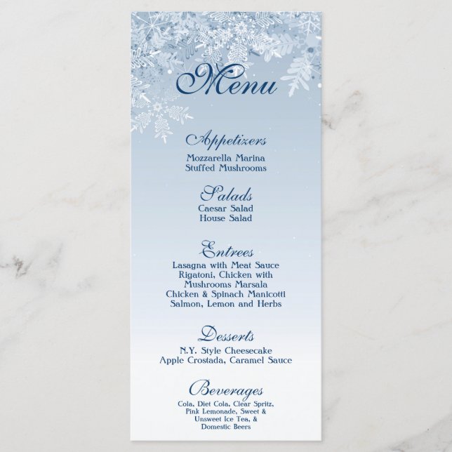 25 Menu Cards Winter Wonderland Crystal Snowflakes (Front)