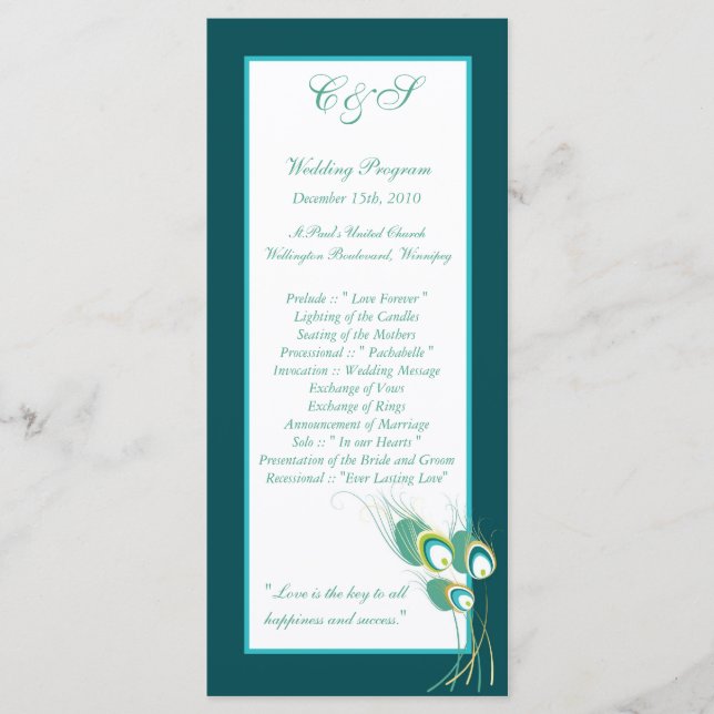 25 Modern Teal Peacock Wedding Programs (Front)
