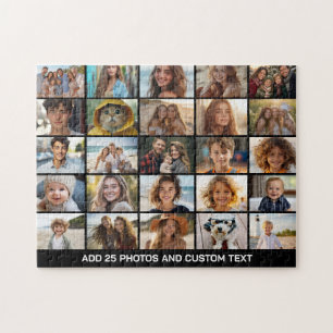 25 Photo Collage - Custom Text - Black Jigsaw Puzzle