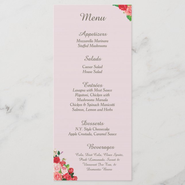 25 Pink and Red Roses Reception Menu Cards (Front)