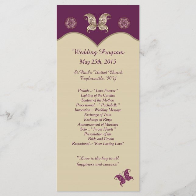 25 Purple Gold Butterfly Wedding Programs (Front)