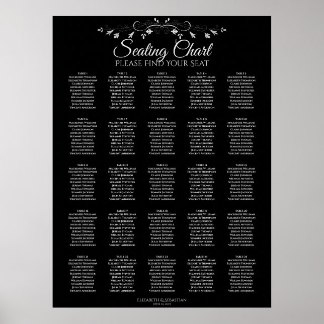 25 Table Elegant Black Wedding Seating Chart (Front)