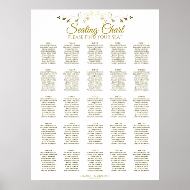 25 Table Elegant Gold Wedding Seating Chart (Front)