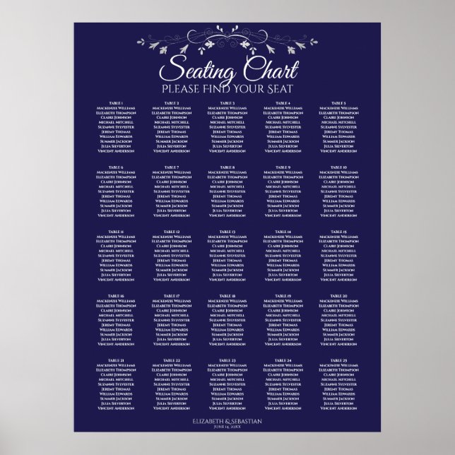 25 Table Elegant Navy Blue Wedding Seating Chart (Front)