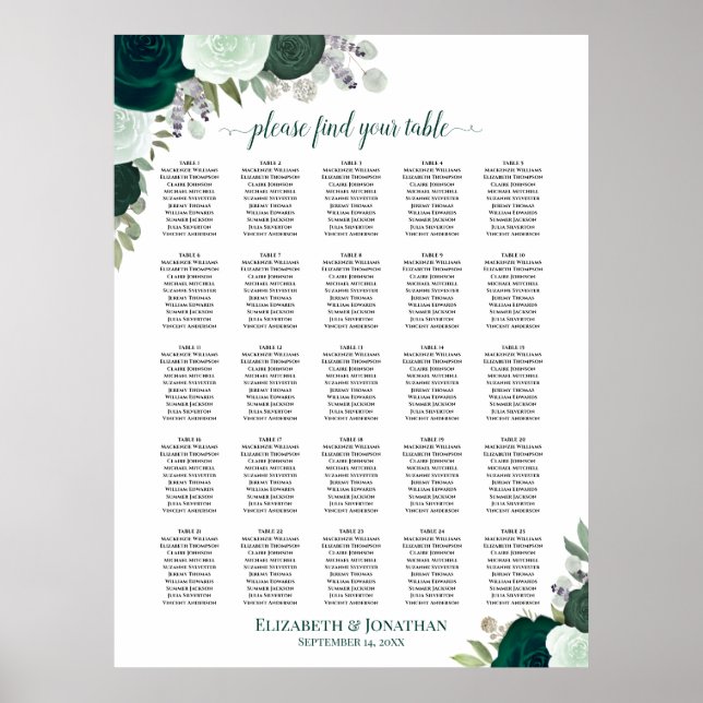 25 Table Emerald Boho Floral Wedding Seating Chart (Front)