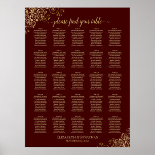 25 Table Gold & Auburn Brown Wedding Seating Chart