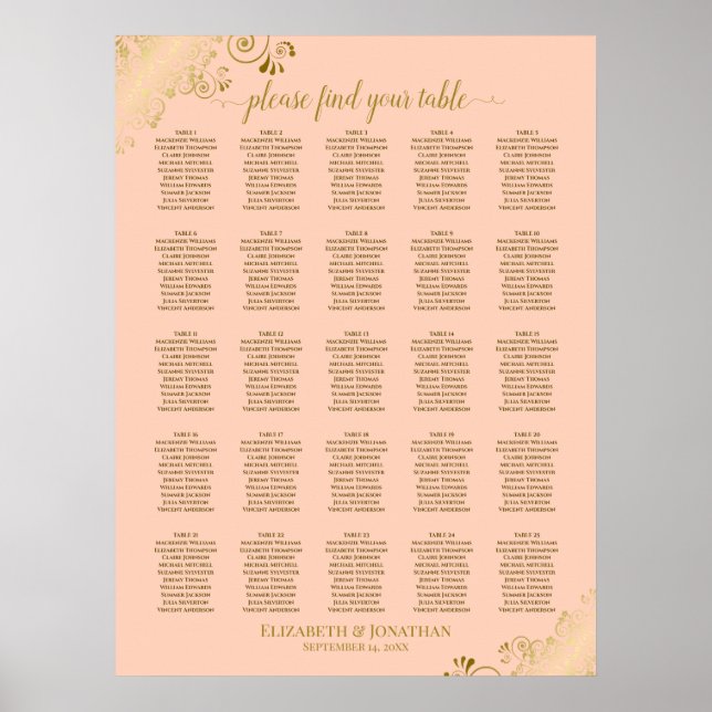 25 Table Gold & Coral Peach Wedding Seating Chart (Front)