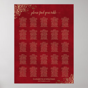 25 Table Gold Frills on Red Wedding Seating Chart