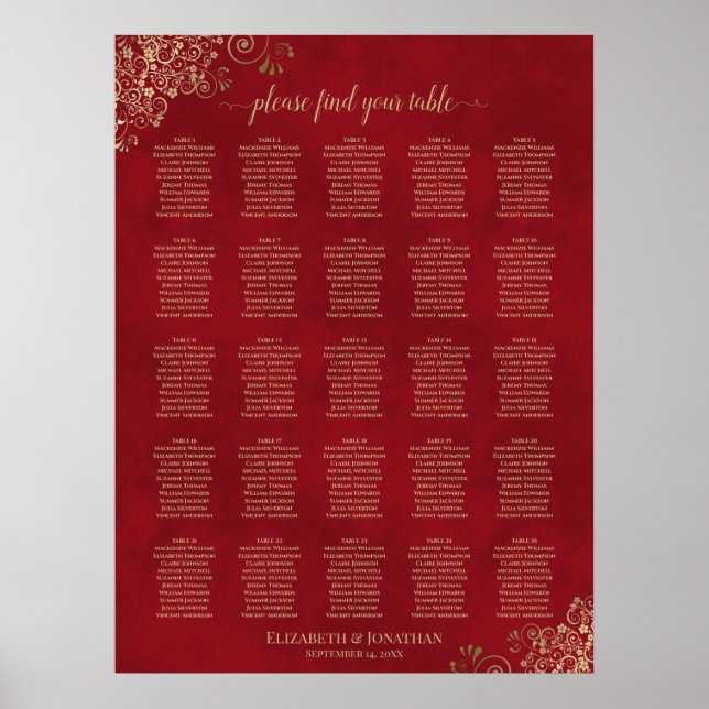 25 Table Gold Frills on Red Wedding Seating Chart (Front)