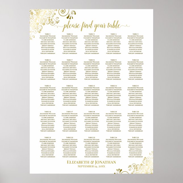 25 Table Gold & White Wedding Seating Chart (Front)