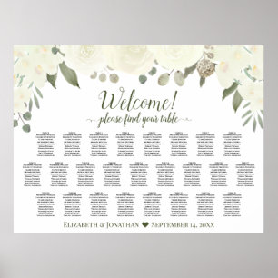 25 Table Ivory White Roses Wedding Seating Chart