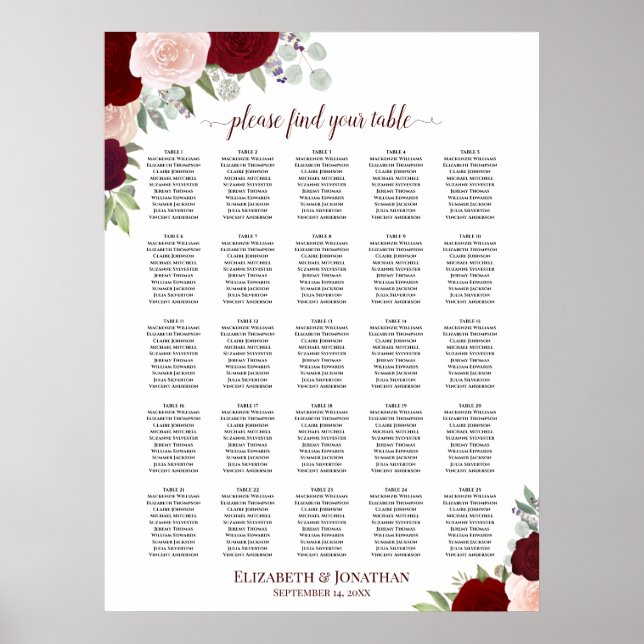 25 Table Red & Pink Roses Wedding Seating Chart (Front)