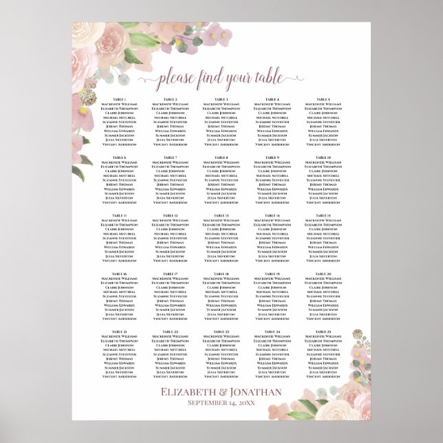 25 Table Rustic Pink Floral Wedding Seating Chart (Front)